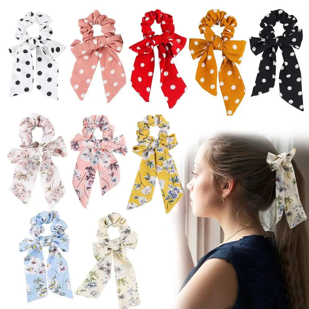 

G.YCX Fashion Bow Streamers Hair Ring Ribbon Girl Hair Bands Scrunchies Horsetail Tie Solid Headwear Summer Hair Accessories