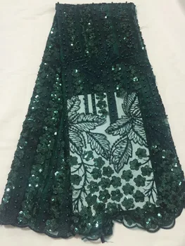 

2018 New French Net Lace Fabric With 3 D Flowers For Wedding Green Beads Sequins Embroidery African Lace Fabric Party Dress