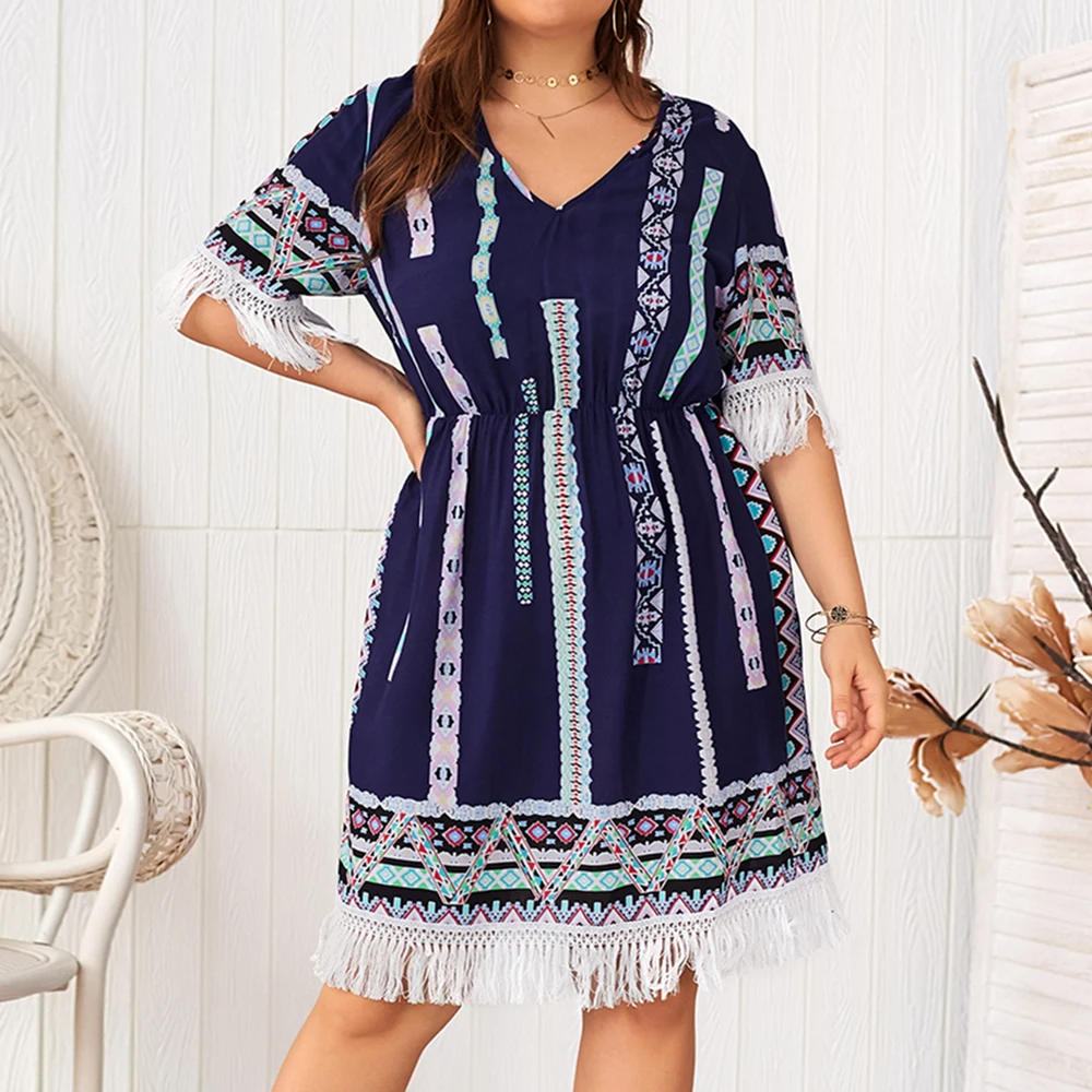 

Dress Plus Size Short Sleeve High Waist V Neck Print Tassel Dress Women Vintage Boho Summer Dress 2019 Party Beach vestidos H30
