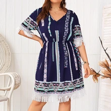Dress Plus Size Short Sleeve High Waist V Neck Print Tassel Dress Women Vintage Boho Summer Dress 2019 Party Beach vestidos H30 Dress Plus Size Short Sleeve High Waist V Neck Print Tassel Dress Women Vintage Boho Summer Dress 2019 Party Beach vestidos H30