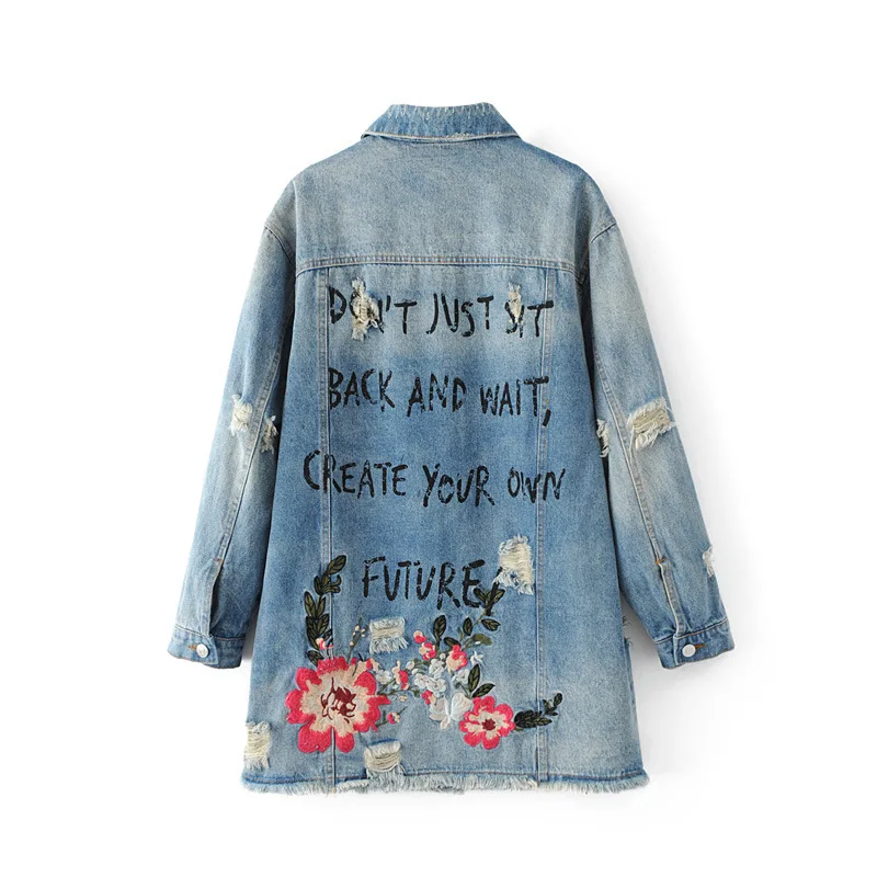 Finest Embroidery Womens Jackets And Coats 2019 Autumn Ripped Oversized Long Denim Jacket Women Plus Size