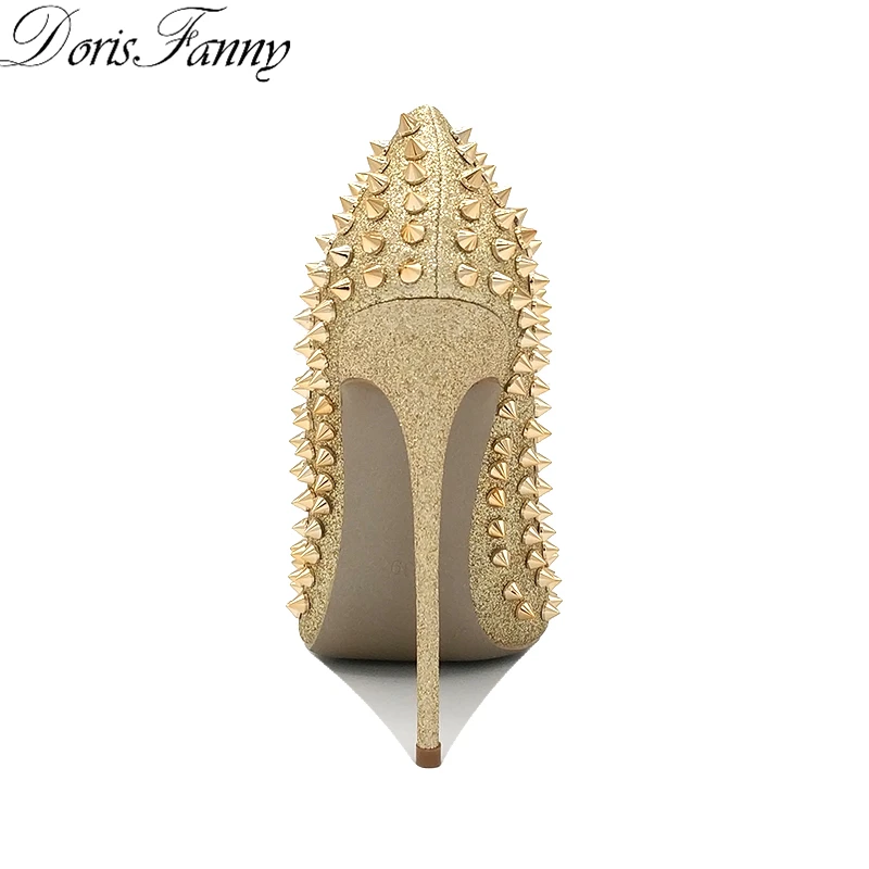 DorisFanny/женские туфли на высоком каблуке с шипами и заклепками; Цвет серебристый, золотистый; коллекция года; туфли на шпильке; большие размеры 34-45