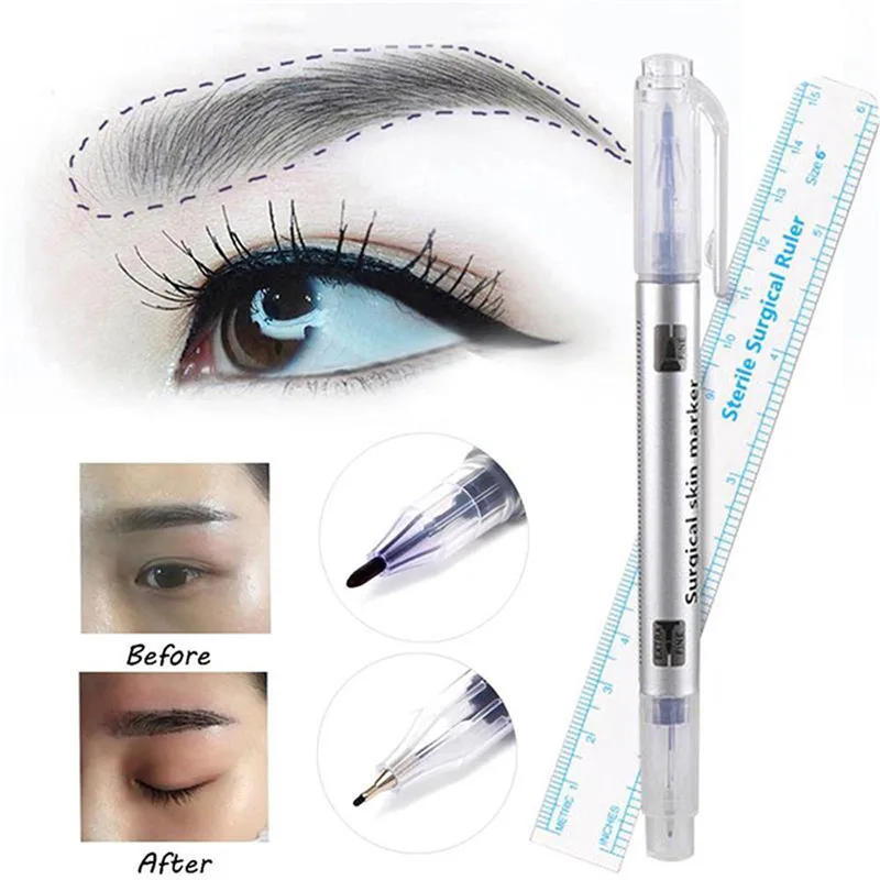 2 Pcs/Set Eye Brow Marker Waterproof Tattoo Eyebrow Skin Marker Pen With Measure Measuring Ruler Lip Liner Body Art Makeup Tools