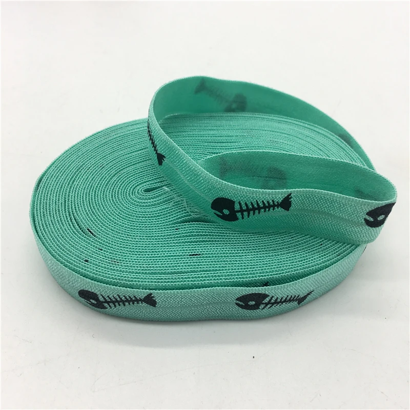 

5Yards/lot 5/8"(15mm) Cyan Printing Fish Fold Over Elastics Spandex Satin Band DIY Lace Sewing Trim