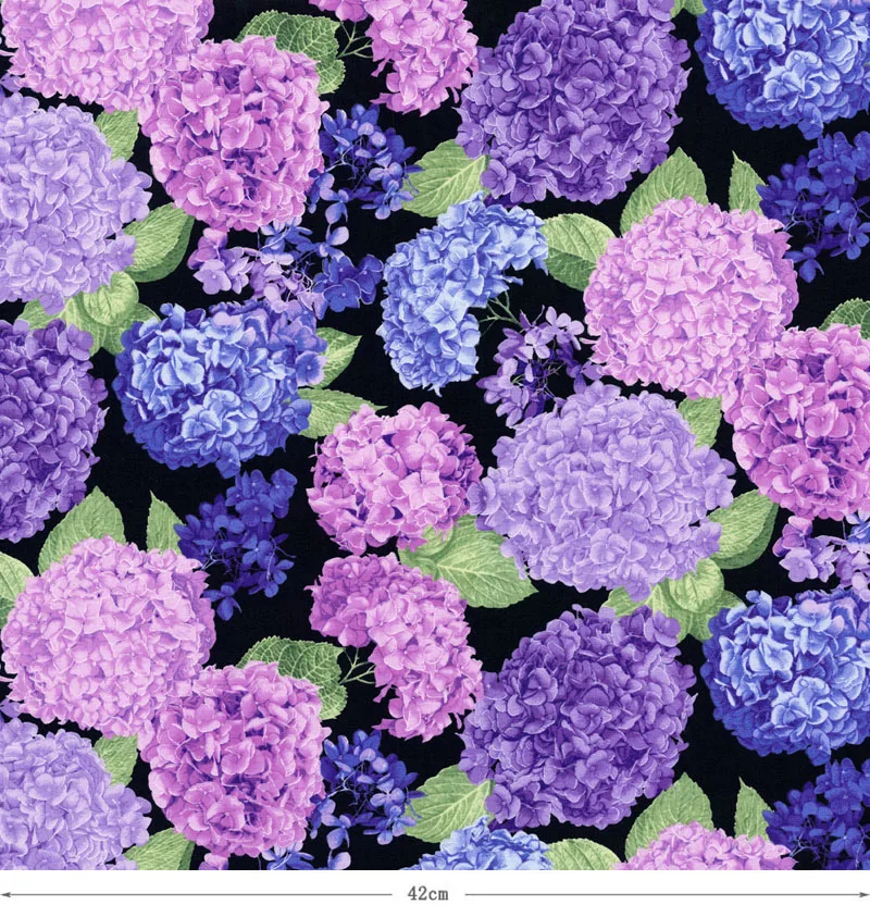 100X140 см яркие фиалки Гортензия черный фон атласный шифон ткань для женщин одежда платья рубашки пижамы DIY-AF149