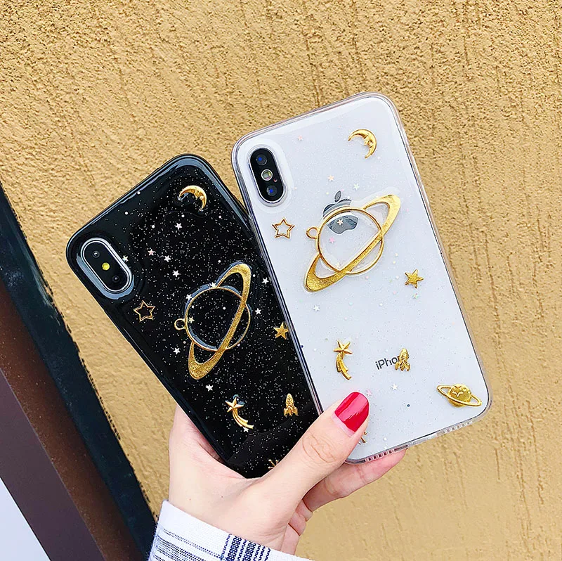 

Transparent Clean Case for iPhone 6 6s 7 8 Plus X Bling Planet Moon Star Phone Back Cover