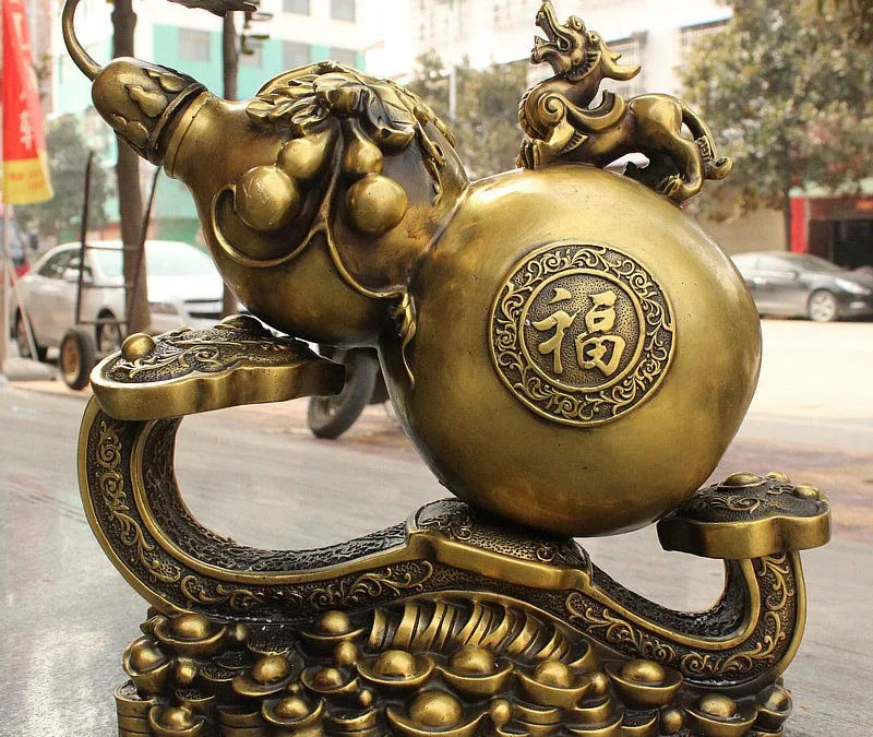 

14" Chinese Feng Shui Bronze Wealth Fu Money Pixiu Ruyi Statue Gourd Bottle Vase