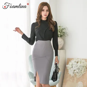 

Foamlina Women's Korean Style OL Work Two Pieces Sets Black Chiffon Blouse + High Waist Pencil Skirt Suits Autumn 2 Pieces Sets