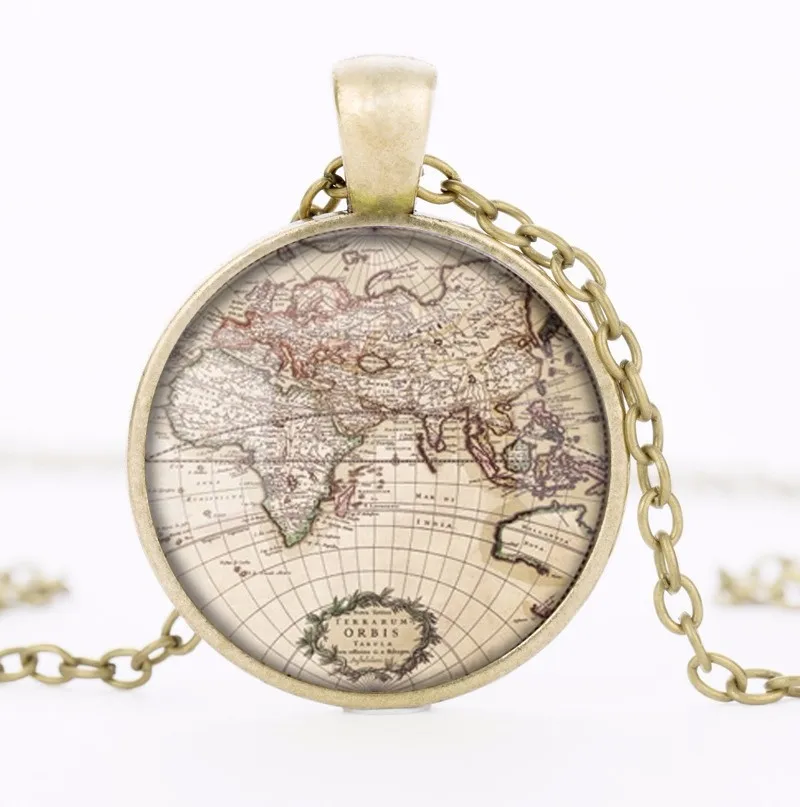 Ожерелье ручной работы с изображением старой карты мира|glass pendant|map necklaceworld map necklace