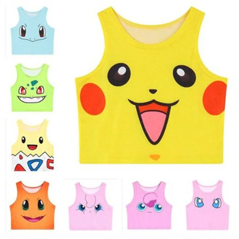 

Pokemon Pattern Crop Top Women Camis Pikachu Charmander Squirtle Print tank tops Colorful sleeveless Tee Vest