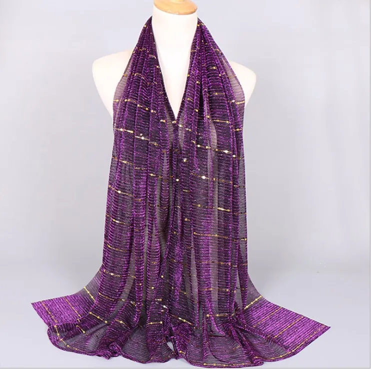 Модная блестящая длинная шаль, шарф, свадебная вуаль для женщин, вискоза, блестки, морщинка, люрекс, повязка на голову, Исламские мусульманские хиджабы, Ультралегкая - Цвет: 14 dark purple