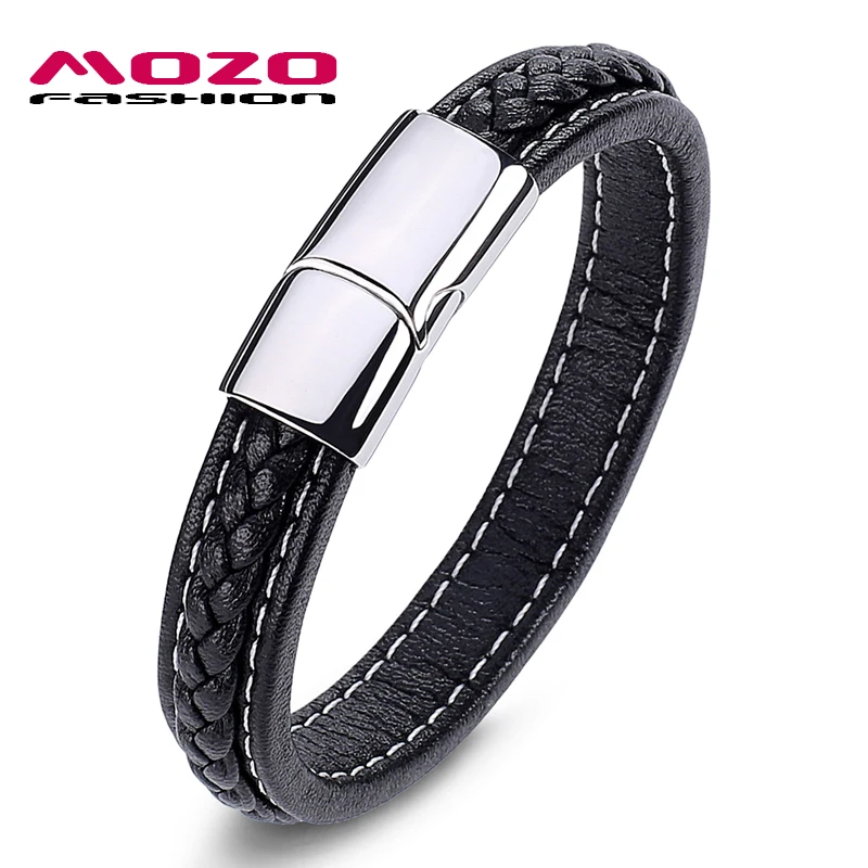 

MOZO FASHION HOT Sale Men Black Leather Bracelet Stainless Steel Magnetic Buckle Bracelets & Bangles Male Punk Jewelry PS2010