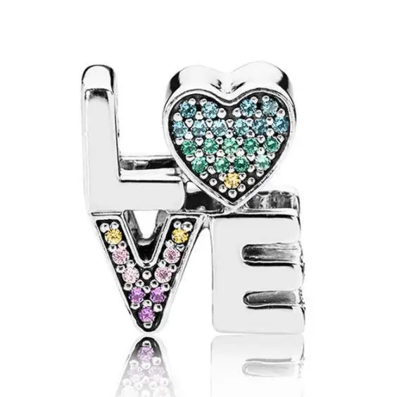 

925 Sterling Silver Bead Charm The Rainbow Word Love With Multi-Colored Cryatal Beads Fit Pandora Bracelet & Necklace Jewelry