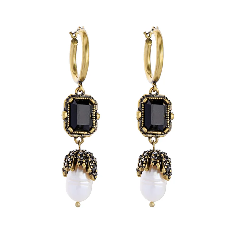 

Bohemia Ethnic Drop Earring Black Resin Cultured Pearl Crystal Long Drop Earring For Women Vintage Acorn Earring Jewelry Accesso