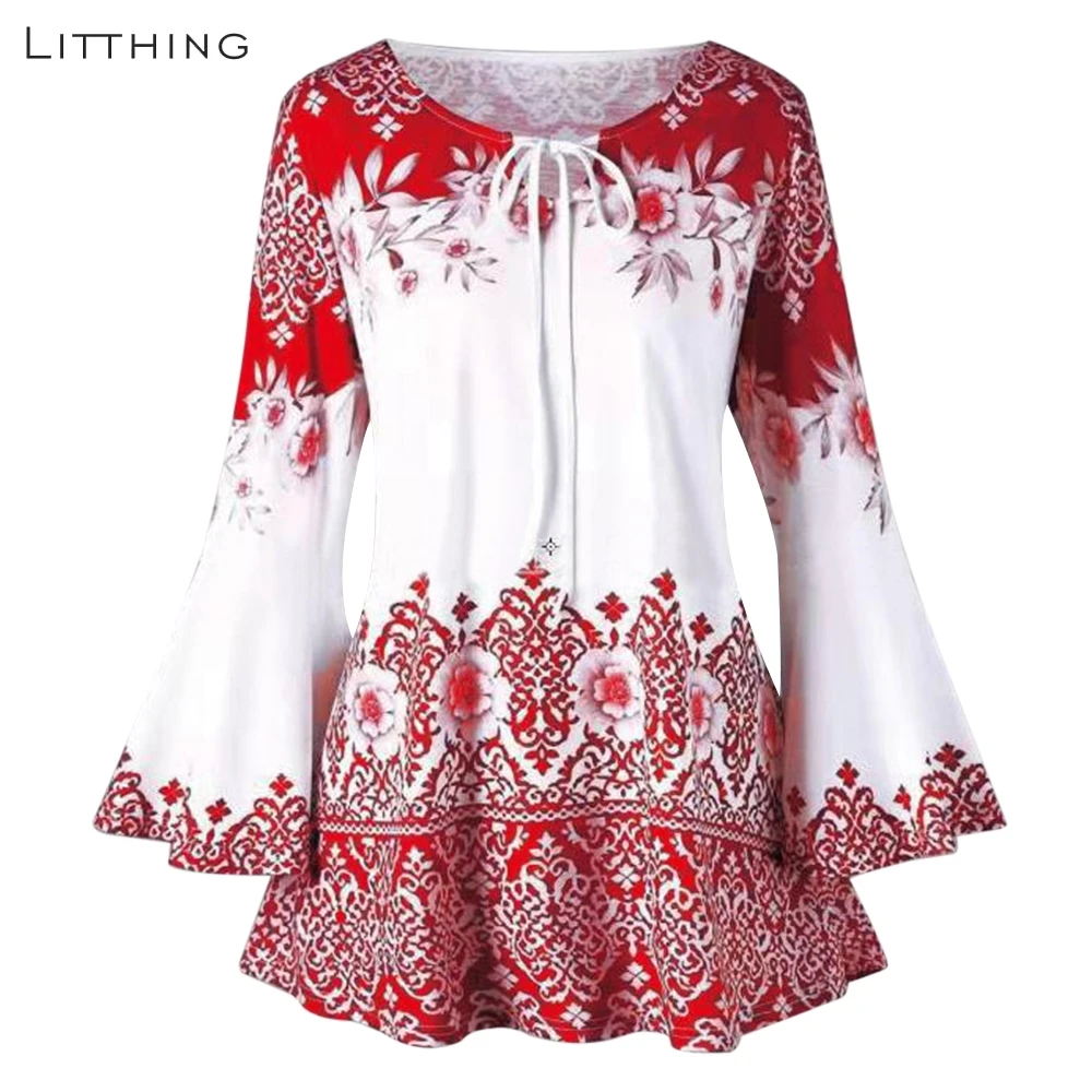 

LITTHING Women Long Sleeve Blouse Floral Printing Scalloped Hem Bodycon Tunic Tie Blouse Women Scalloped Hem Blouses