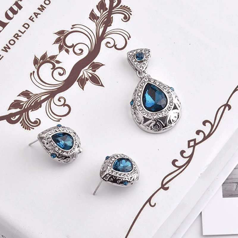 

Double Fair Vintage Pattern Waterdrop Blue Crystal White Gold Color Necklace Earring Jewelry Set For Women Fashion Jewelry KB440