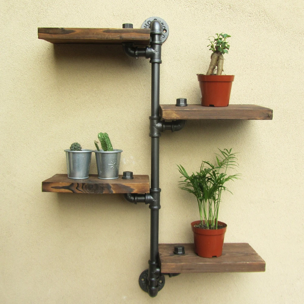 Industrial Rustic Urban Iron Pipe Wall Shelf 4 Tiers Wooden Board
