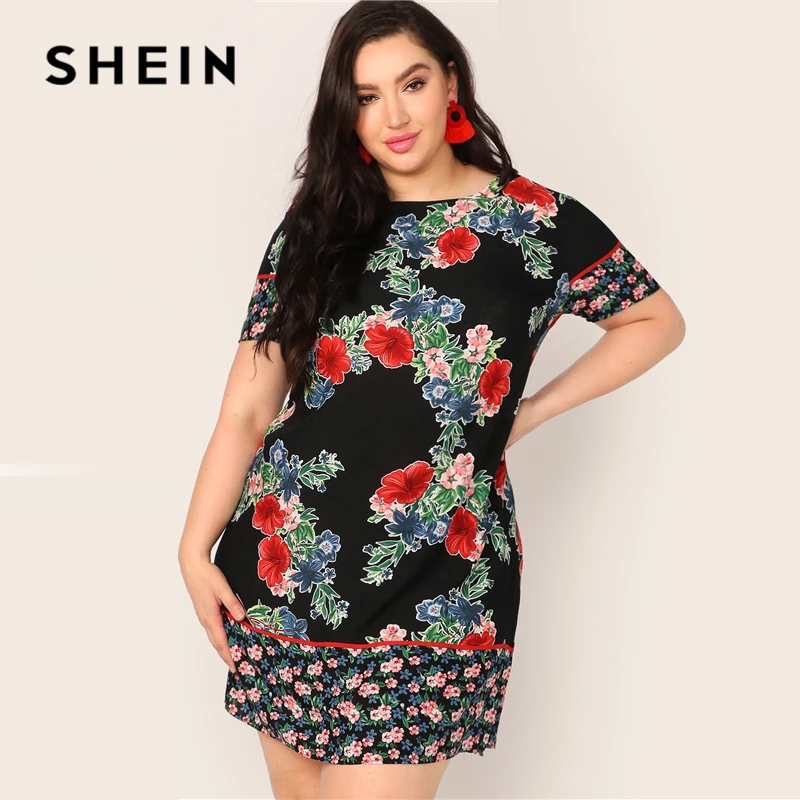 

SHEIN Plus Size Black Floral Print Tunic Dress 2019 Women Summer Boho Round Neck Shift Short Sleeve Straight Plus Dresses