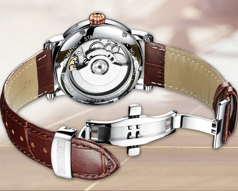 Настоящие Роскошные Брендовые мужские автоматические механические сапфировые часы Бингер, водонепроницаемые часы с кожаным ремешком
