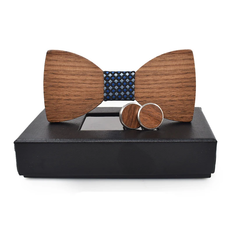 

Men's Wood Bowtie Cufflinks Set Brand Business Wooden Bow Tie Neckties Cuff Links for Wedding Groom