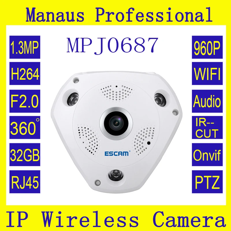 

ESCAM QP180 HD 960P WIFI H264 1.3MP 360 Degree Panoramic Fisheye Infrared VR Camera support VR box, 32G TF card and Two way talk