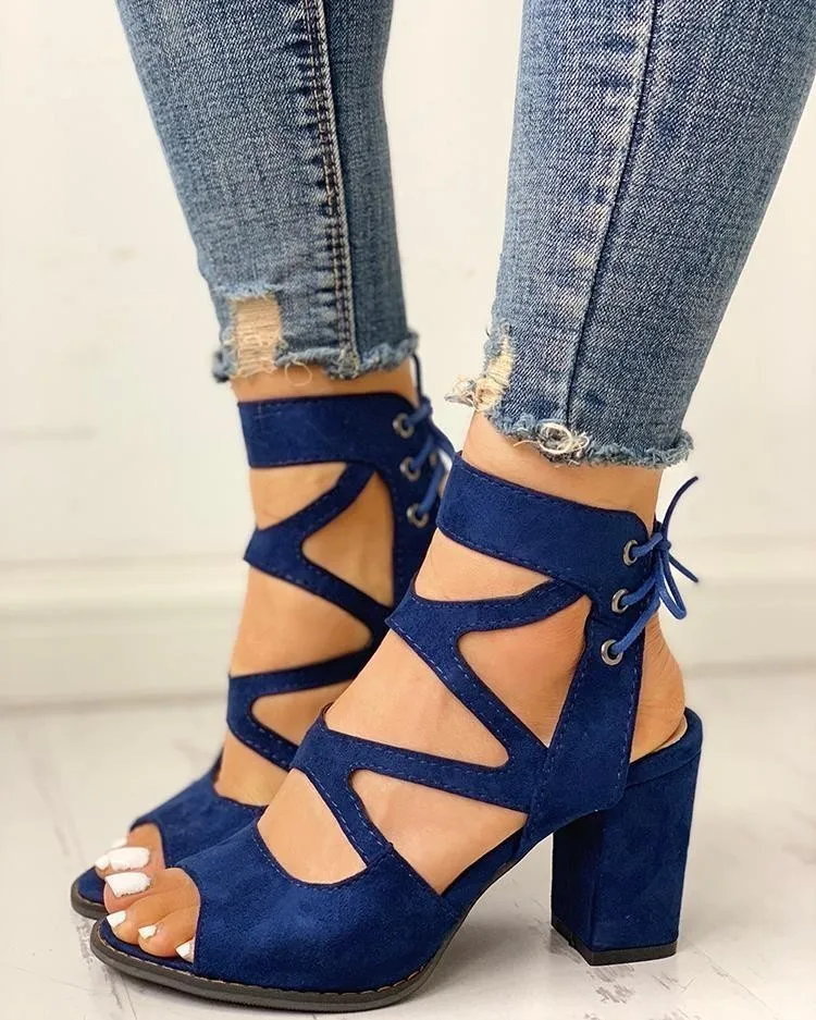 

New Women Lace Up Sandals Summer New Hot Female Fish Mouth Exposed Toe High-Heeled Sandals Flock Ladies Shoes