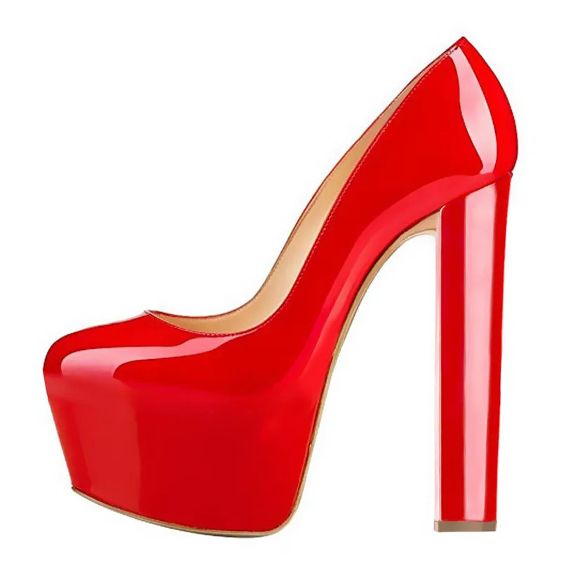 Женские туфли на платформе с круглым носком; Цвет Красный; Туфли на не сужающемся книзу массивном высоком каблуке; офисные вечерние и свадебные туфли-лодочки; босоножки размера плюс; американские размеры 5-15