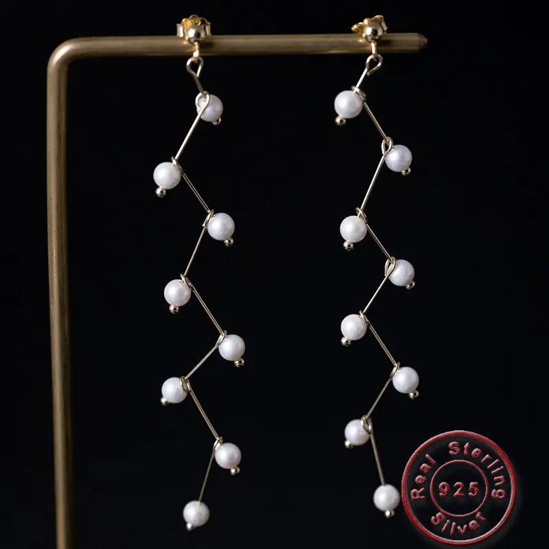 

Amxiu Fashion Freshwater Pearls Earrings Handmade Long Tassel Earrings 925 Sterling Silver Drop Earrings For Women Accessories