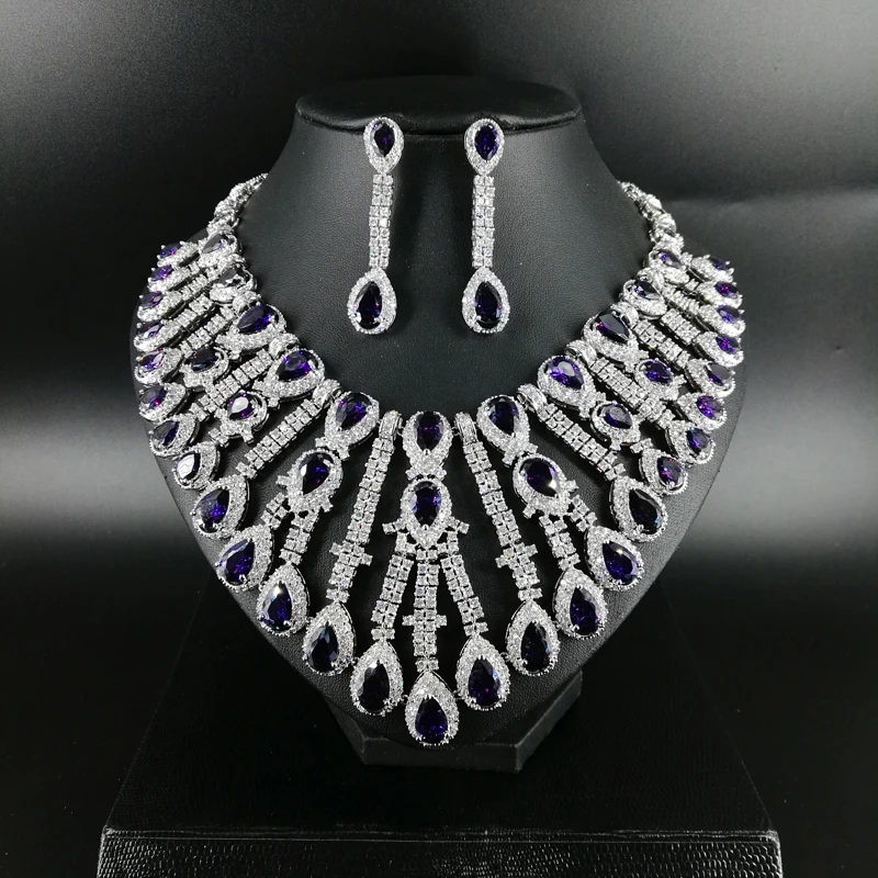 

New fashion Luxury purple water droplet zircon necklace earring wedding bride banquet dressing dinner jewelry set,free shipping