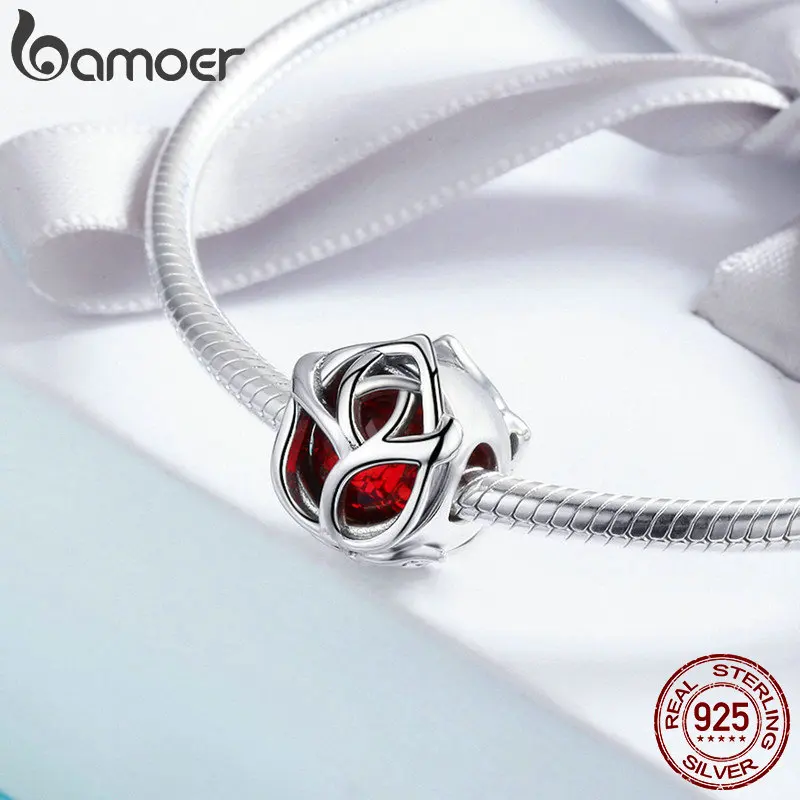 Billig BAMOER Romantische 100% 925 Sterling Silber Rose Blume, rot Kristall Charme Perlen fit Frauen Charme Armband DIY Schmuck Machen SCC568