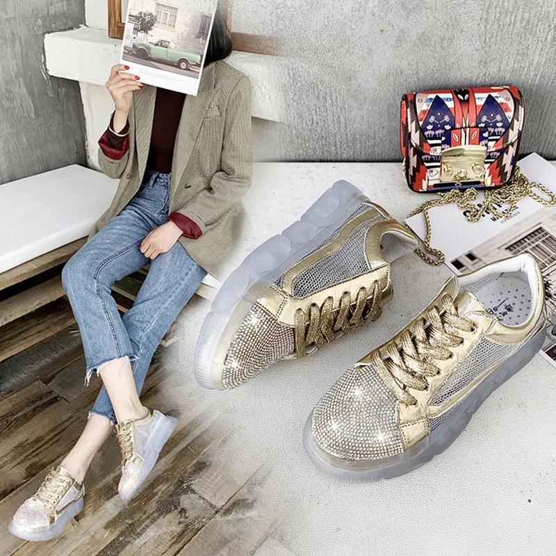 

2019 new gold water drill casual shoes women's low board shoes breathable personality colorful laser crystal thick shoes
