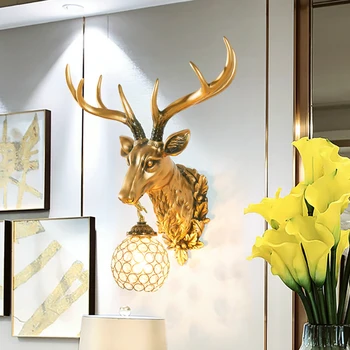 

American deer head wall lamp back to antique background decoration of Nordic luxury villa living room wall lamps ZA9041