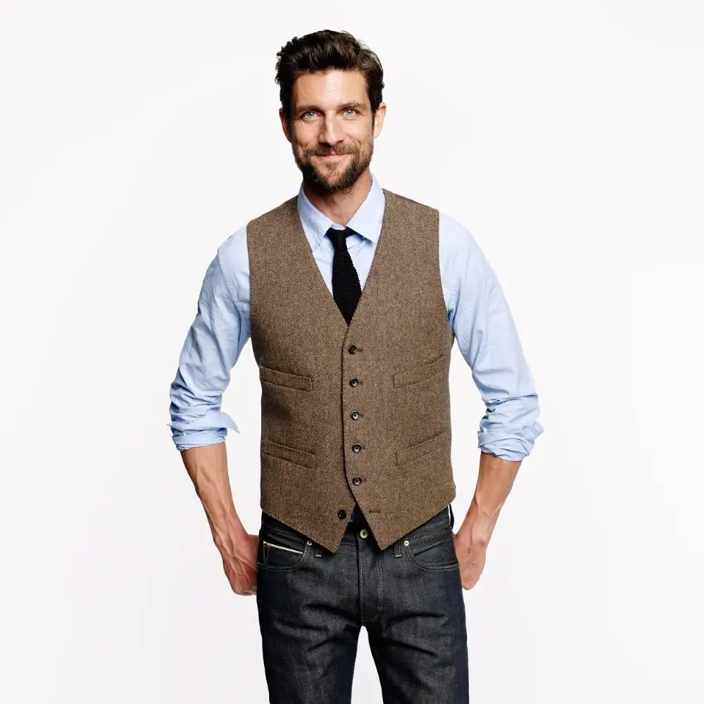 

2019 Airtailors Brown Tweed Vests Slim Mens Suit Vests Custom Made Men Wedding Mens Dress Groom Vests Plus size