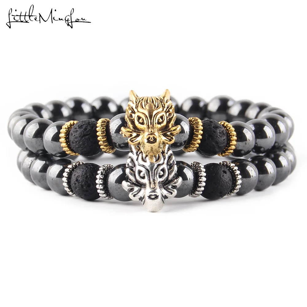 

Natural stone Hematite lava Black Beads Golden Wolf Panther Crown Sparta Charm Bracelet for Women Men bracelets bangles Jewelry