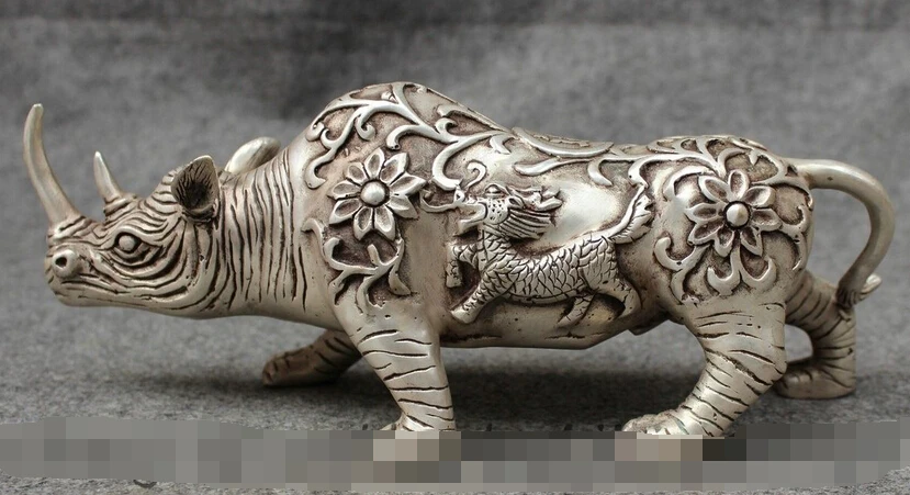 

bi002483 10" Chinese Silver FengShui Dragon Kylin Unicorn Flower Rhino Rhinoceros Statue