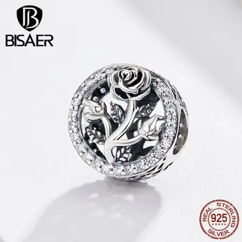 

BISAER Silver Charms 925 Sterling Silver Rose Flower Pave Engrave Rose Shape Charms Beads fit DIY Bracelets Jewelry ECC1189