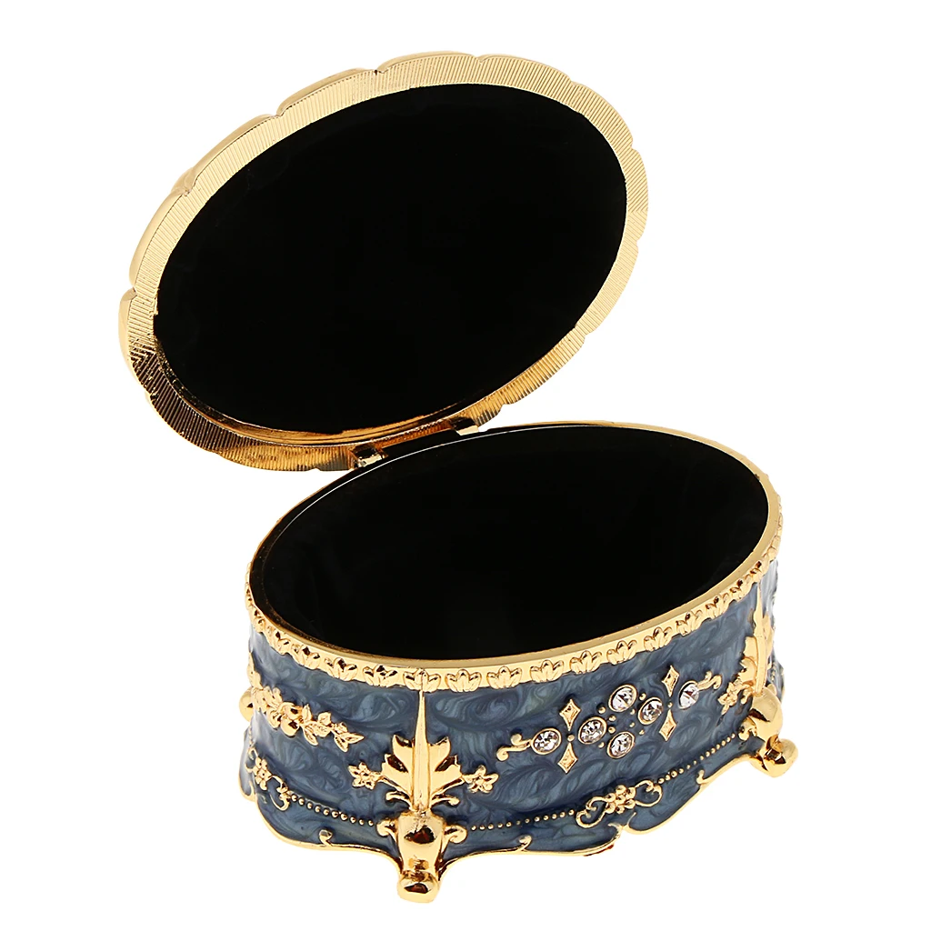 Crystal Enamel Oval Metal Vintage Jewelry Box Gift Earrings Ring Storage Box