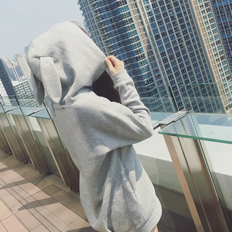 

Fashion Women Rabbit Ear Hooded Sweatshirts Sweet Hoodies Solid Long Loose Pullovers