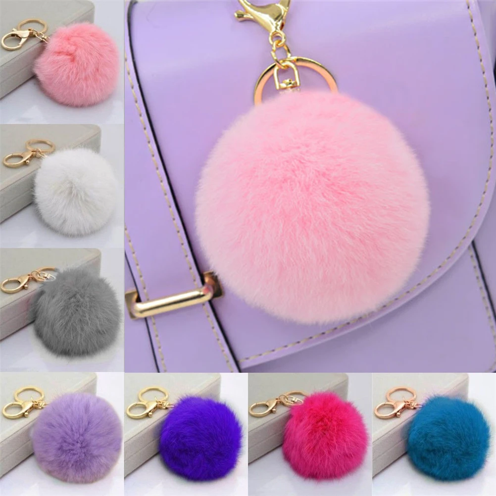 Bag Charm Real Rabbit Fur Keychain Pom Pom Purple Color