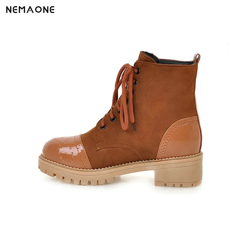 

NEMAONE Women's Ankle Boots med Heels Ladies western shoes autumn Winter lace up Woman boots black brown white blue Plus Size 43
