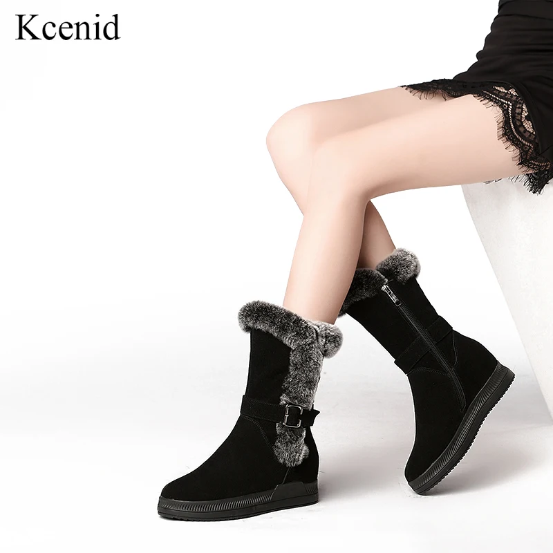 

Kcenid 2018 New winter boots womens fashion nubuck leather zipper shoes woman height increasing warm fur snow boots winter shoes