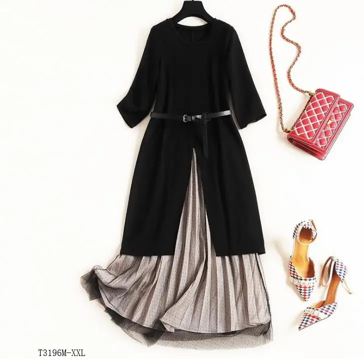 

European style 2019 New arrivals summer Spring fashion women clothes knitting blouse +patchwork mesh skirt casual suit T3196