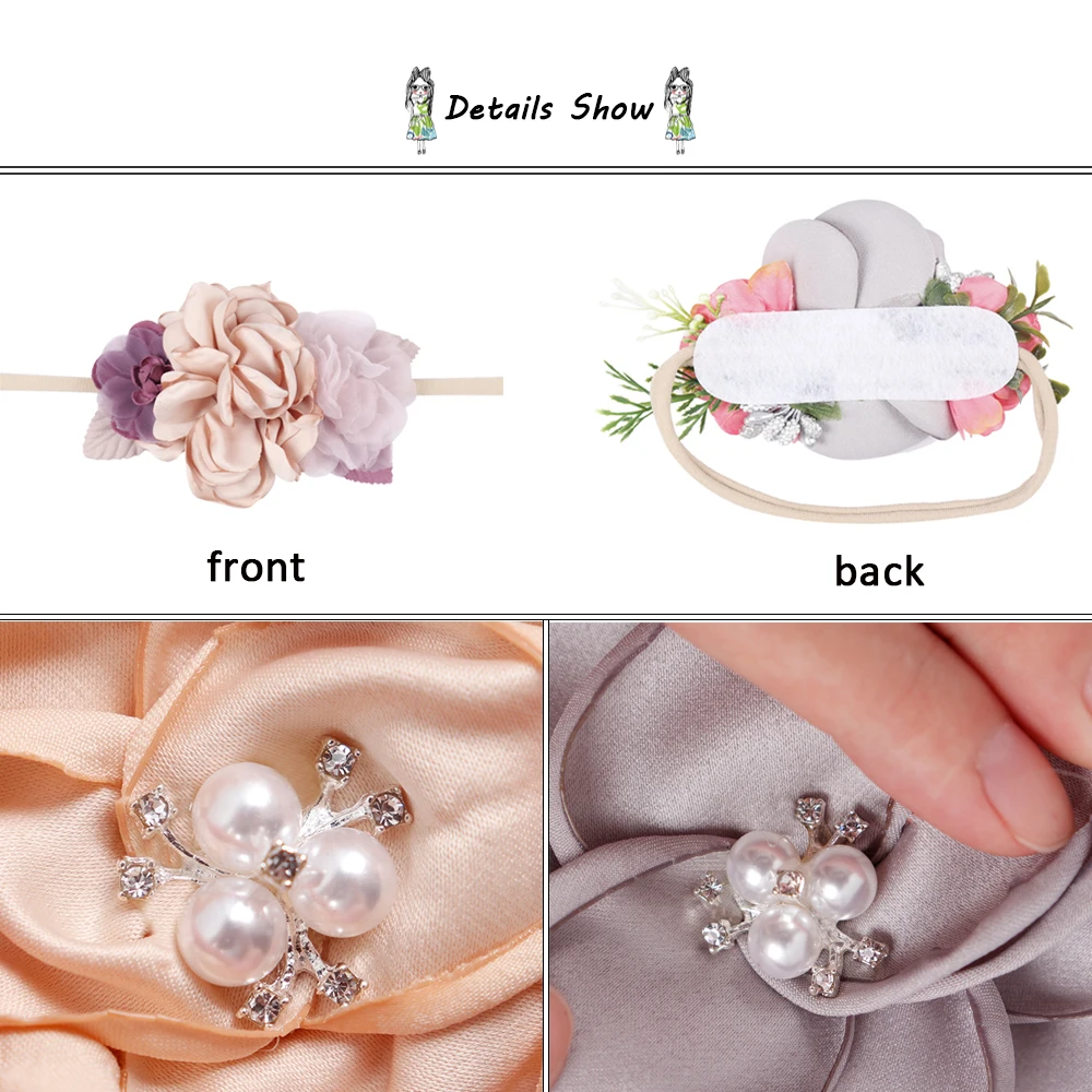 Эксклюзивная повязка на голову с искусственным цветком, красивая нейлоновая повязка для волос с жемчужинами и цветами для новорожденных детей, безопасный головной убор, подарок, аксессуары для волос