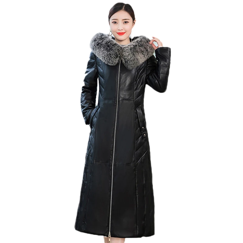 

Sheepskin Coat Women 2019 Winter High Quality New Down Leather Jacket Fox Fur Collar Large Size Female Hooded Long Overcoat FC70