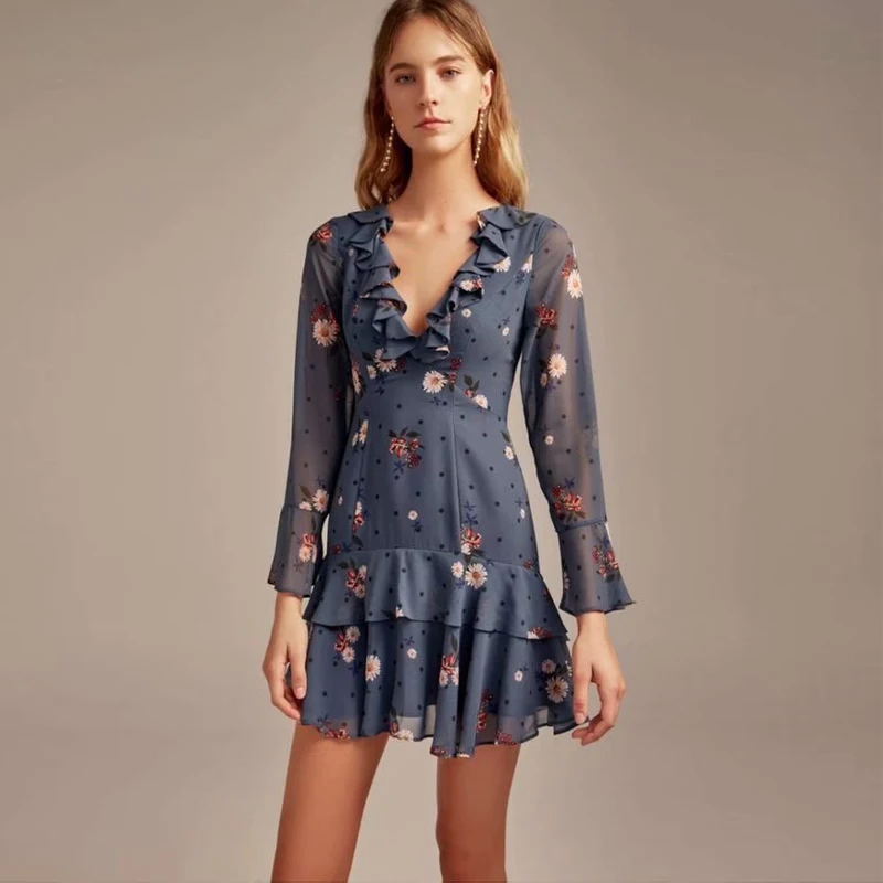 

Dress Women Deep V-neck Summer Dress Chiffon Ruffles Zippers Back Long Sleeves Blue Floral Printed Mini Dress 2019 Women Dresses