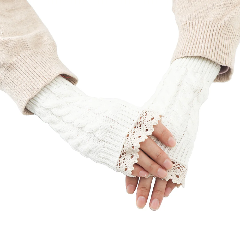 Женские кружевные перчатки без пальцев, зимние теплые вязаные перчатки, женские модные перчатки высокого качества