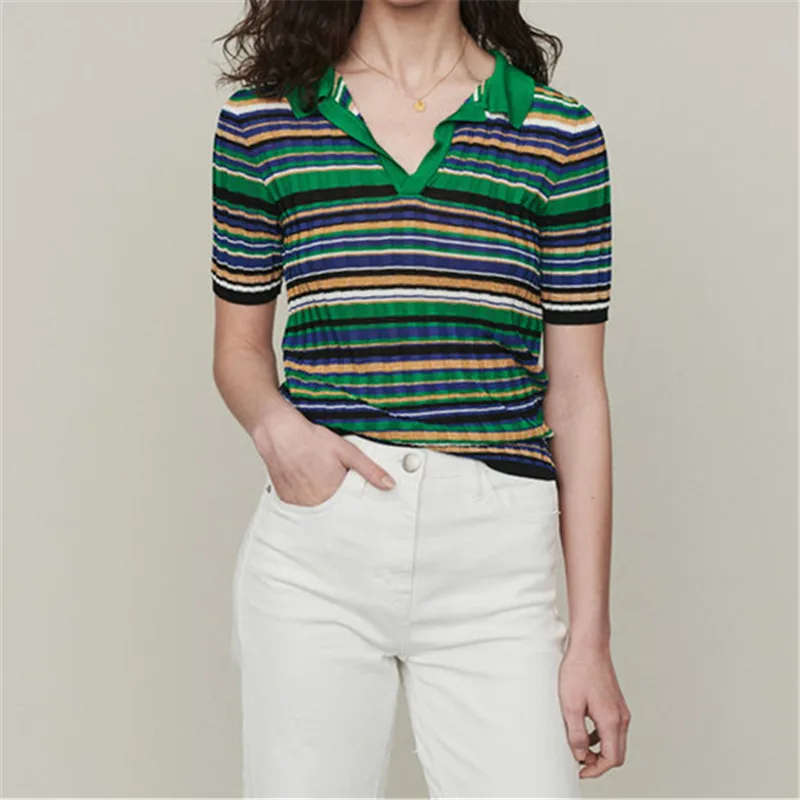 

2019 spring new turn down collar short sleeve hit the color striped women simple and slim knitted sweater top