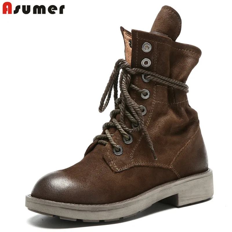 Goedkoop ASUMER 2018 lederen laarzen vrouwen lace up med hakken herfst winter vrouwen motorlaarzen dames Retro enkellaarsjes