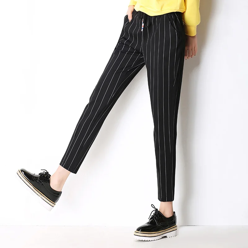 womens black striped trousers