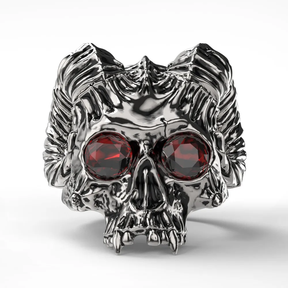 

Stainless Steel Death Skull Ring Horned Demon Jewelry